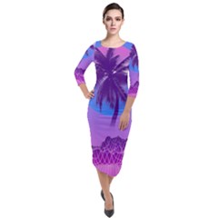 Palm Tree Vaporwave Synthwave Retro Style Quarter Sleeve Midi Velour Bodycon Dress by Cendanart