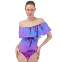 Palm Tree Vaporwave Synthwave Retro Style Off Shoulder Velour Bodysuit  by Cendanart