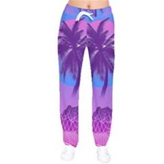 Palm Tree Vaporwave Synthwave Retro Style Women Velvet Drawstring Pants by Cendanart