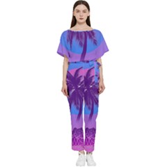 Palm Tree Vaporwave Synthwave Retro Style Batwing Lightweight Chiffon Jumpsuit by Cendanart