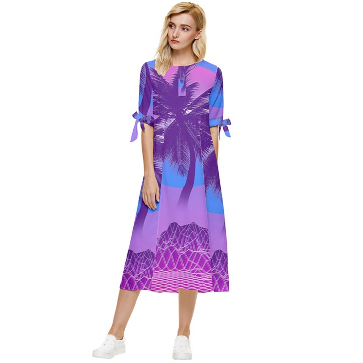 Palm Tree Vaporwave Synthwave Retro Style Bow Sleeve Chiffon Midi Dress