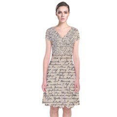 Close Up Photo Of Black Text Old Handwriting Leave Old Script Short Sleeve Front Wrap Dress by Cendanart