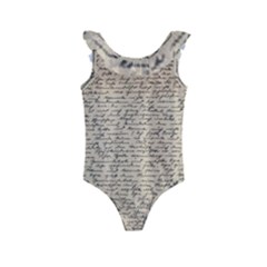 Close Up Photo Of Black Text Old Handwriting Leave Old Script Kids  Frill Swimsuit by Cendanart