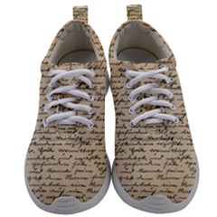 Close Up Photo Of Black Text Old Handwriting Leave Old Script Mens Athletic Shoes by Cendanart