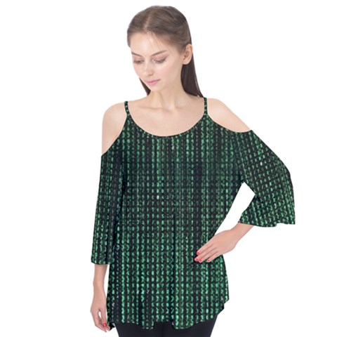 Green Matrix Code Illustration Digital Art Portrait Display Flutter Sleeve T-shirt  by Cendanart