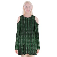 Green Matrix Code Illustration Digital Art Portrait Display Velvet Long Sleeve Shoulder Cutout Dress by Cendanart