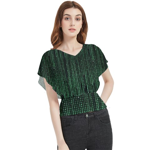 Green Matrix Code Illustration Digital Art Portrait Display Butterfly Chiffon Blouse by Cendanart