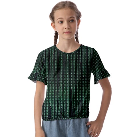 Green Matrix Code Illustration Digital Art Portrait Display Kids  Cuff Sleeve Scrunch Bottom T-shirt by Cendanart