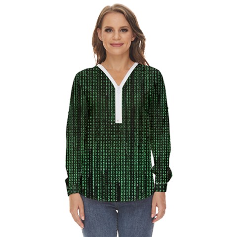 Green Matrix Code Illustration Digital Art Portrait Display Zip Up Long Sleeve Blouse by Cendanart