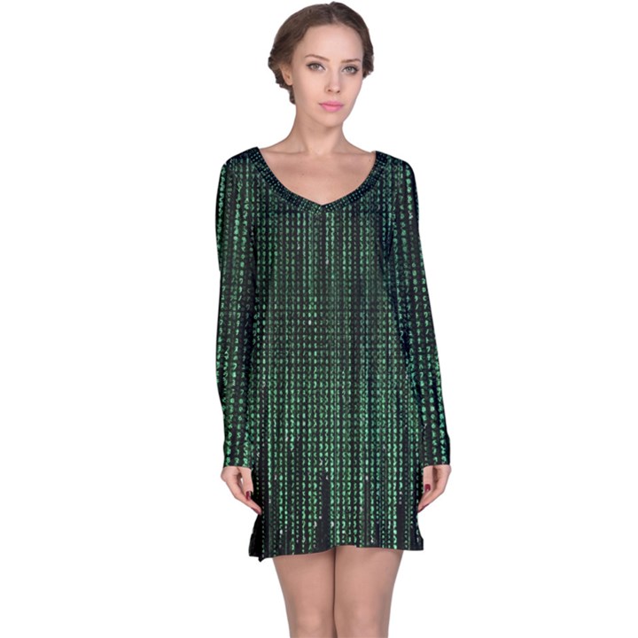 Green Matrix Code Illustration Digital Art Portrait Display Long Sleeve Nightdress