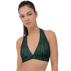 Green Matrix Code Illustration Digital Art Portrait Display Halter Plunge Bikini Top by Cendanart