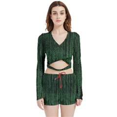 Green Matrix Code Illustration Digital Art Portrait Display Velvet Wrap Crop Top And Shorts Set by Cendanart