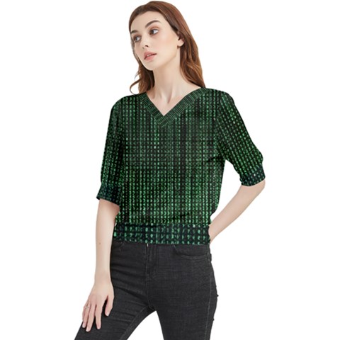 Green Matrix Code Illustration Digital Art Portrait Display Quarter Sleeve Blouse by Cendanart