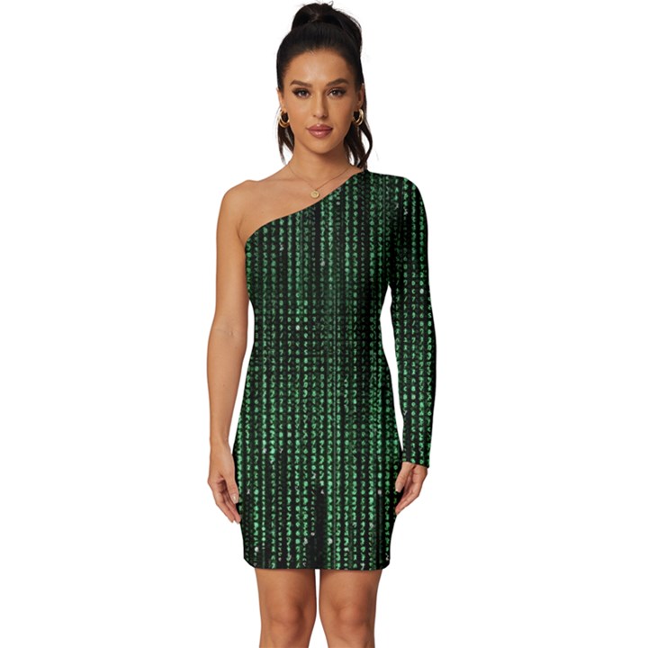 Green Matrix Code Illustration Digital Art Portrait Display Long Sleeve One Shoulder Mini Dress