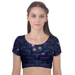 Retro Games Velvet Short Sleeve Crop Top  by Cendanart