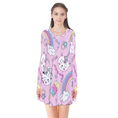 Beautiful Cute Animals Pattern Pink Long Sleeve V-neck Flare Dress by Grandong