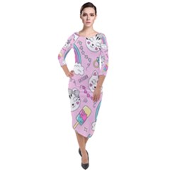 Beautiful Cute Animals Pattern Pink Quarter Sleeve Midi Velour Bodycon Dress by Grandong