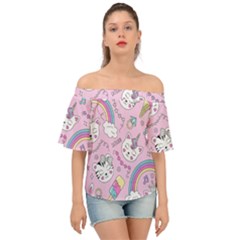 Beautiful Cute Animals Pattern Pink Off Shoulder Short Sleeve Top by Grandong