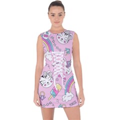 Beautiful Cute Animals Pattern Pink Lace Up Front Bodycon Dress by Grandong