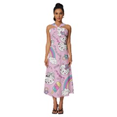 Beautiful Cute Animals Pattern Pink Sleeveless Cross Front Cocktail Midi Chiffon Dress by Grandong