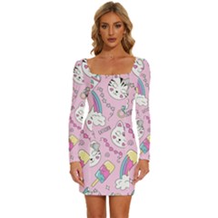 Beautiful Cute Animals Pattern Pink Long Sleeve Square Neck Bodycon Velvet Dress by Grandong