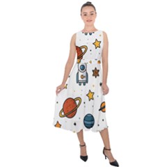 Set Cartoon Symbol Pattern Midi Tie-back Chiffon Dress by Bedest