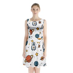 Set Cartoon Symbol Pattern Sleeveless Waist Tie Chiffon Dress by Bedest