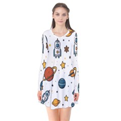 Set Cartoon Symbol Pattern Long Sleeve V-neck Flare Dress by Bedest