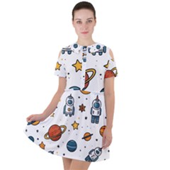 Set Cartoon Symbol Pattern Short Sleeve Shoulder Cut Out Dress  by Bedest