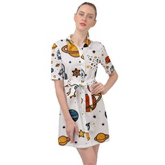 Set Cartoon Symbol Pattern Belted Shirt Dress by Bedest