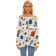 Set Cartoon Symbol Pattern Off Shoulder Chiffon Pocket Shirt by Bedest