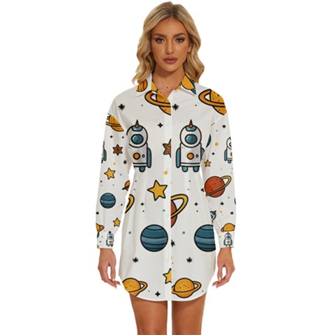 Set Cartoon Symbol Pattern Womens Long Sleeve Shirt Dress by Bedest