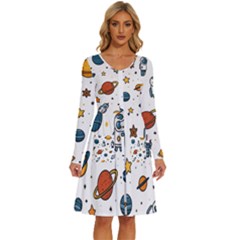 Set Cartoon Symbol Pattern Long Sleeve Dress With Pocket by Bedest