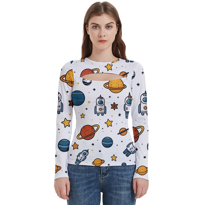 Set Cartoon Symbol Pattern Women s Cut Out Long Sleeve T-Shirt