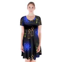 Background Doodles Candles Graphic Short Sleeve V-neck Flare Dress by Bedest