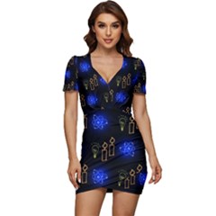 Background Doodles Candles Graphic Low Cut Cap Sleeve Mini Dress by Bedest