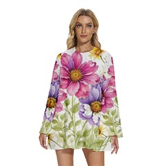 Flourish Colours Invitation Round Neck Long Sleeve Bohemian Style Chiffon Mini Dress by Bedest