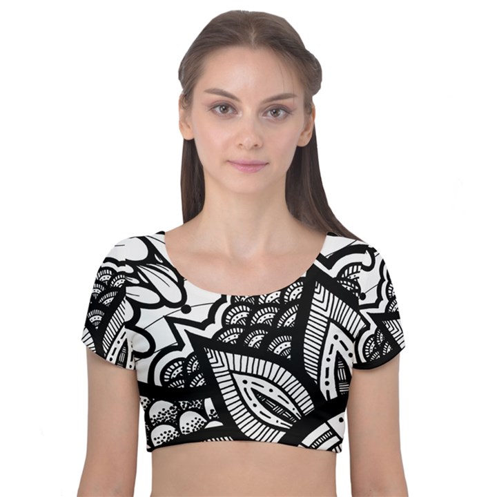 Flower Mandala Pattern Doodle Velvet Short Sleeve Crop Top 