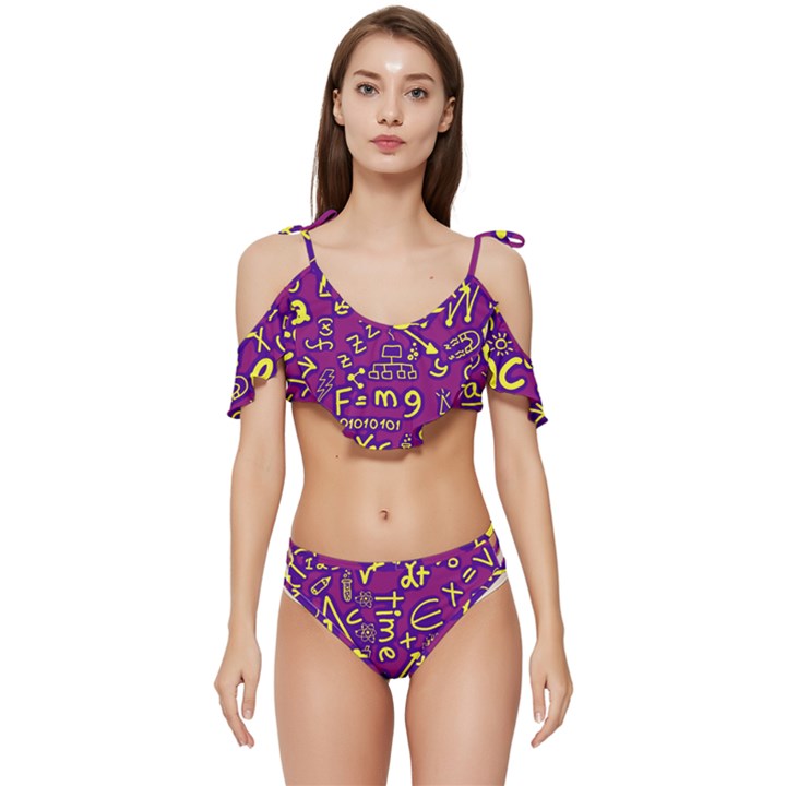 Background Doodles Math Ruffle Edge Tie Up Bikini Set	