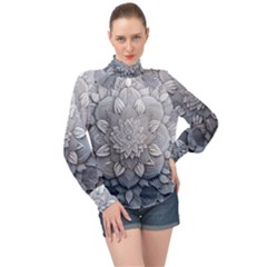 Flower Ornament Graphic Ornate High Neck Long Sleeve Chiffon Top