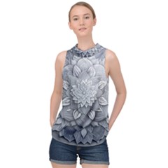 Flower Ornament Graphic Ornate High Neck Satin Top by Bedest