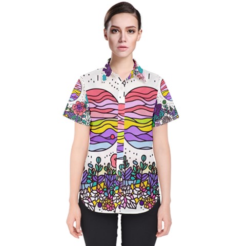 Rainbow Fun Cute Minimal Doodles Women s Short Sleeve Shirt by Bedest