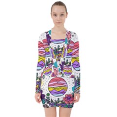 Rainbow Fun Cute Minimal Doodles V-neck Bodycon Long Sleeve Dress by Bedest