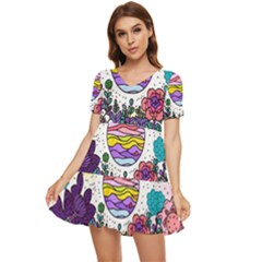 Rainbow Fun Cute Minimal Doodles Tiered Short Sleeve Babydoll Dress by Bedest