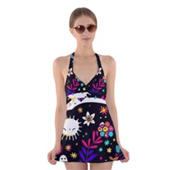 Rainbow Fun Cute Minimal Doodle Halter Dress Swimsuit  by Bedest