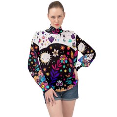 Rainbow Fun Cute Minimal Doodle High Neck Long Sleeve Chiffon Top