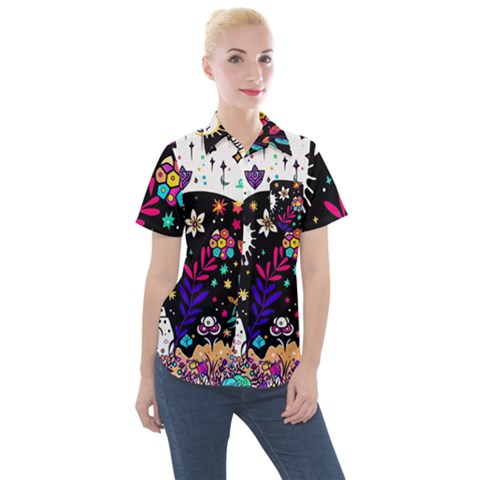 Rainbow Fun Cute Minimal Doodle Women s Short Sleeve Pocket Shirt by Bedest