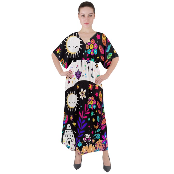 Rainbow Fun Cute Minimal Doodle V-Neck Boho Style Maxi Dress