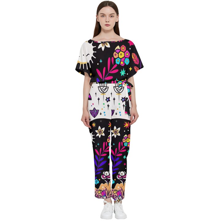 Rainbow Fun Cute Minimal Doodle Batwing Lightweight Chiffon Jumpsuit