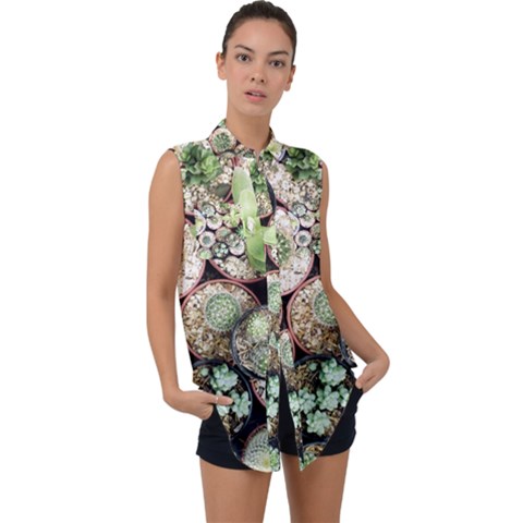 Cactus Nature Plant Desert Sleeveless Chiffon Button Shirt by Bedest